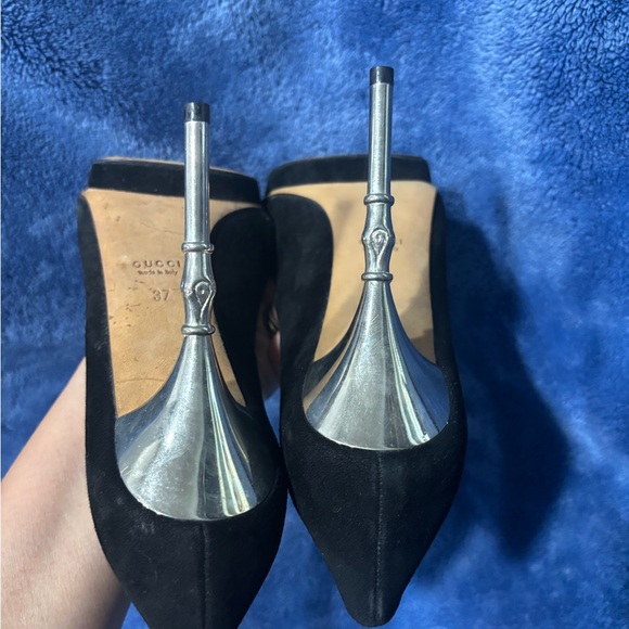 Gucci Debra Black Suede Bamboo Heel Open Toe Pumps - Picture 8 of 10